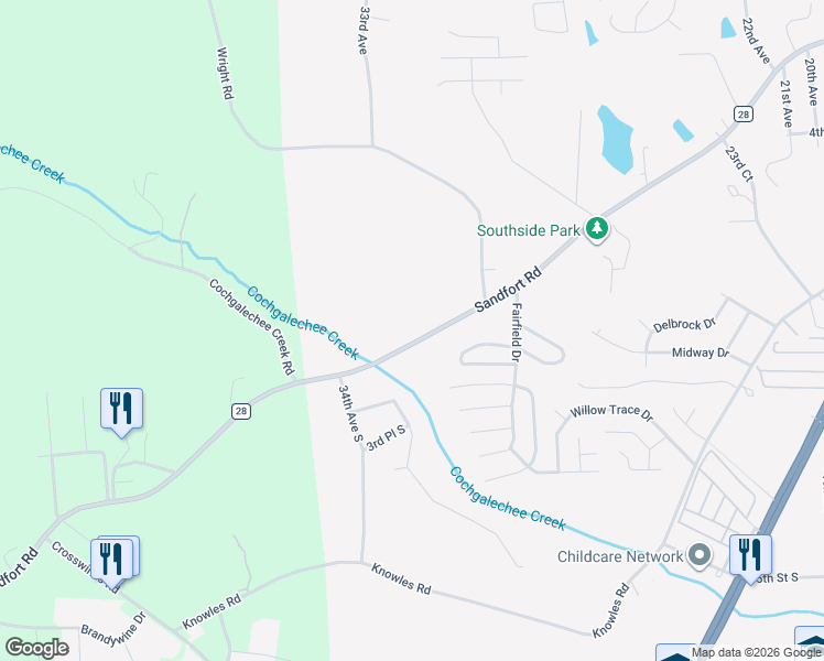 map of restaurants, bars, coffee shops, grocery stores, and more near 2814 Sandfort Road in Phenix City
