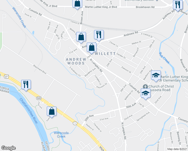 map of restaurants, bars, coffee shops, grocery stores, and more near 2504 Lumpkin Court in Columbus