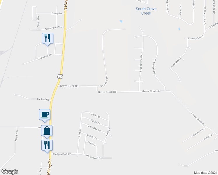 map of restaurants, bars, coffee shops, grocery stores, and more near 104 Royal Park Lane in Waxahachie