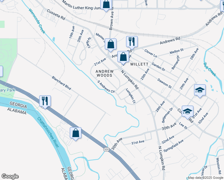 map of restaurants, bars, coffee shops, grocery stores, and more near 2373 South Andrews Circle in Columbus