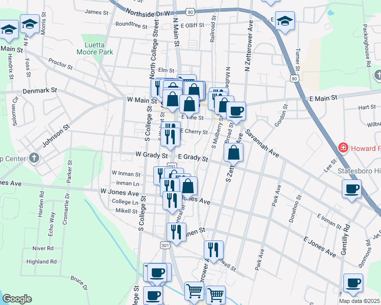map of restaurants, bars, coffee shops, grocery stores, and more near 8 East Grady Street in Statesboro