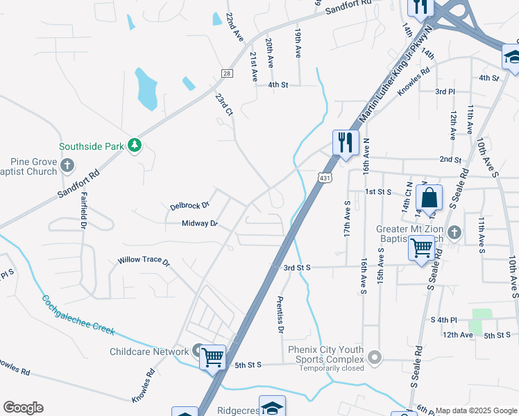 map of restaurants, bars, coffee shops, grocery stores, and more near 1805 Knowles Road in Phenix City