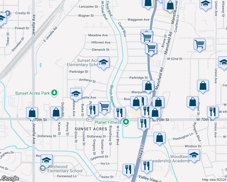 map of restaurants, bars, coffee shops, grocery stores, and more near 6712 Canal Boulevard in Shreveport