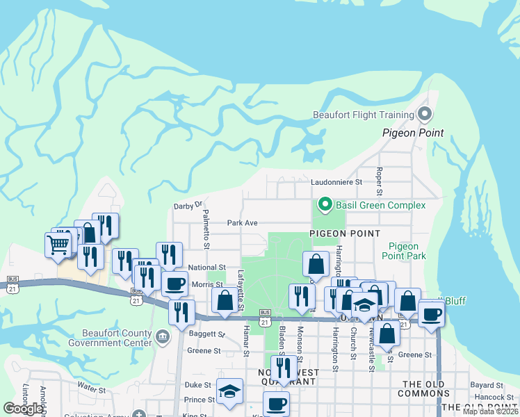map of restaurants, bars, coffee shops, grocery stores, and more near 1605 Park Avenue in Beaufort