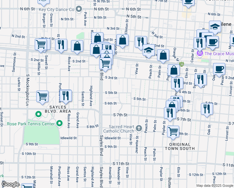 map of restaurants, bars, coffee shops, grocery stores, and more near 502 Meander Street in Abilene