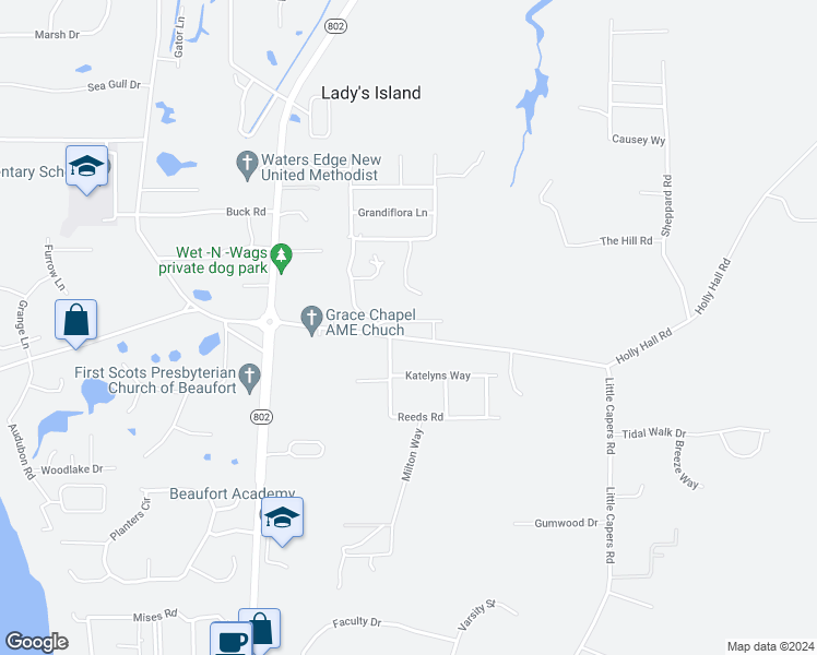 map of restaurants, bars, coffee shops, grocery stores, and more near 12 Royal Star Drive in Beaufort