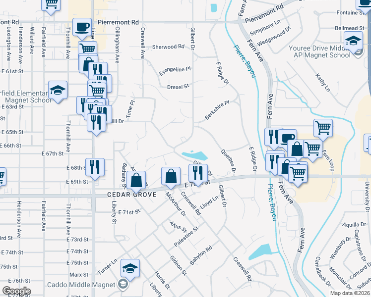 map of restaurants, bars, coffee shops, grocery stores, and more near 6715 Gilbert Drive in Shreveport