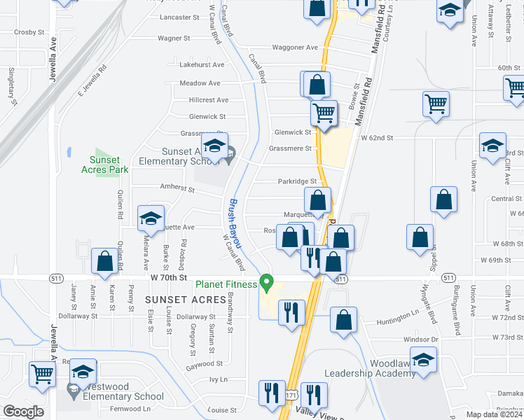 map of restaurants, bars, coffee shops, grocery stores, and more near 2782 Marquette Avenue in Shreveport
