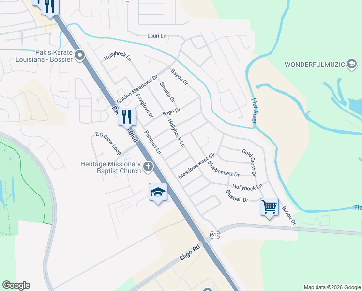 map of restaurants, bars, coffee shops, grocery stores, and more near 5802 Hollyhock Lane in Bossier City