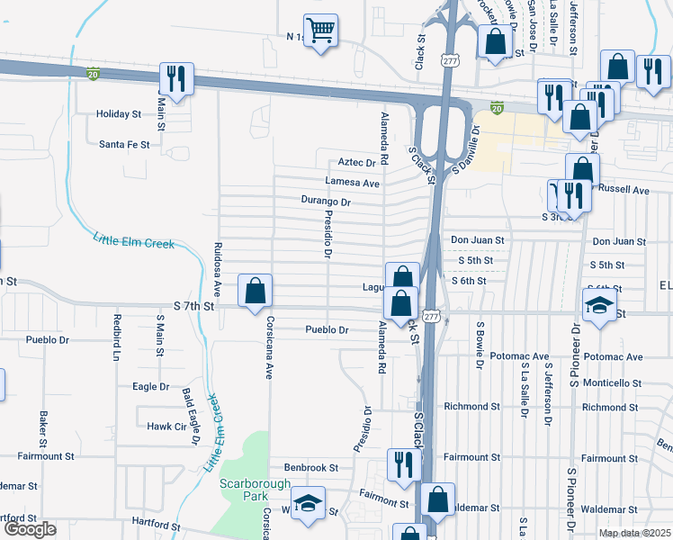 map of restaurants, bars, coffee shops, grocery stores, and more near 5302 Laguna Drive in Abilene