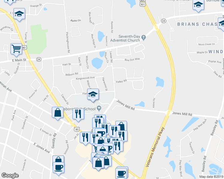 map of restaurants, bars, coffee shops, grocery stores, and more near 102 Lester Road in Statesboro