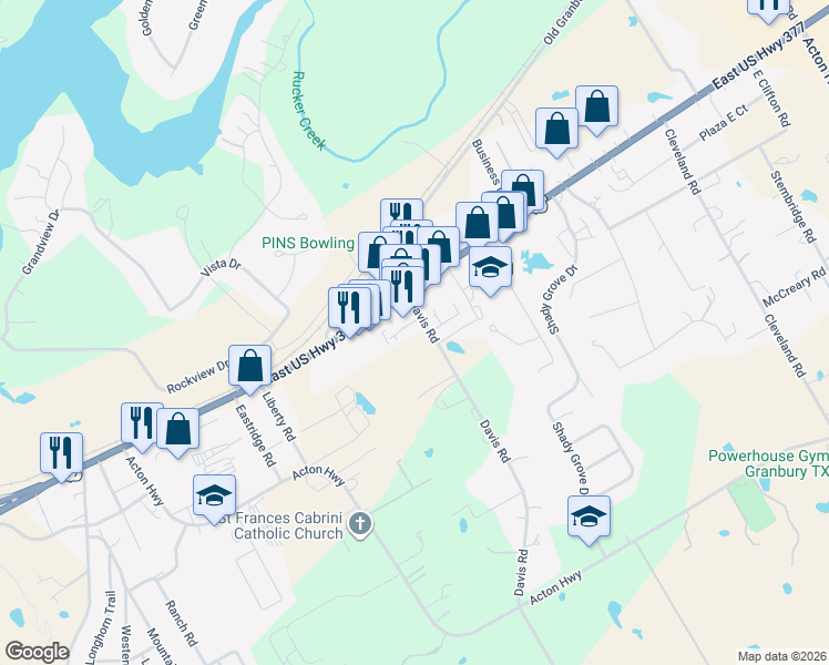 map of restaurants, bars, coffee shops, grocery stores, and more near 210 Davis Road in Granbury