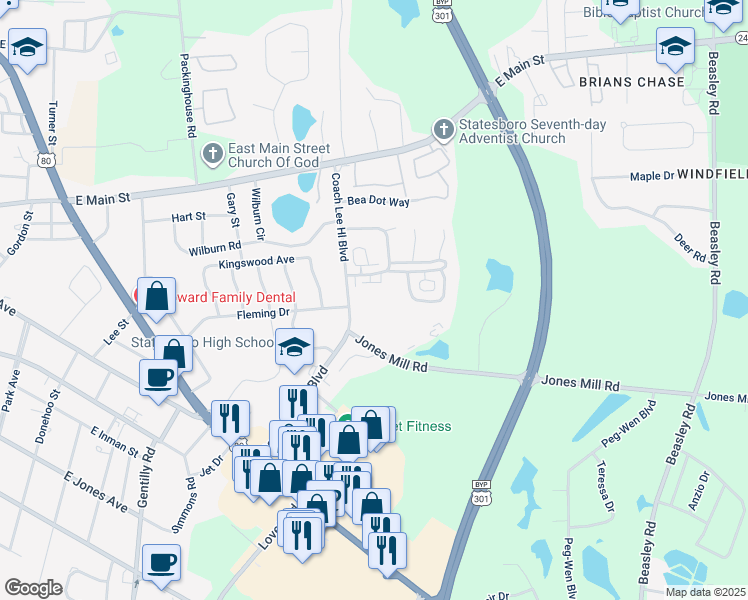 map of restaurants, bars, coffee shops, grocery stores, and more near 101 Lester Road in Statesboro