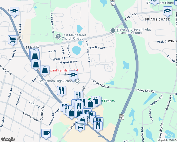 map of restaurants, bars, coffee shops, grocery stores, and more near 102 Lester Road in Statesboro