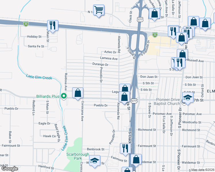 map of restaurants, bars, coffee shops, grocery stores, and more near 5250 Laguna Drive in Abilene