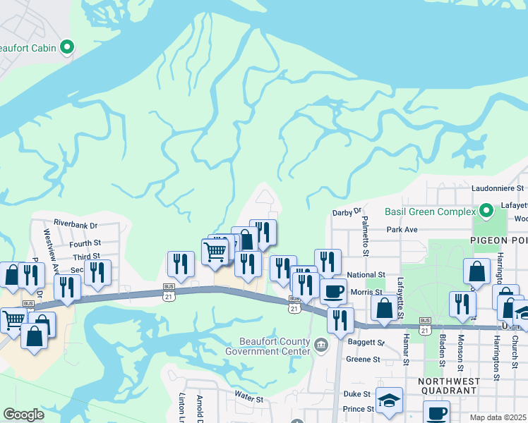 map of restaurants, bars, coffee shops, grocery stores, and more near 1714 Greenlawn Drive in Beaufort