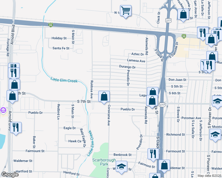 map of restaurants, bars, coffee shops, grocery stores, and more near 5366 Laguna Drive in Abilene