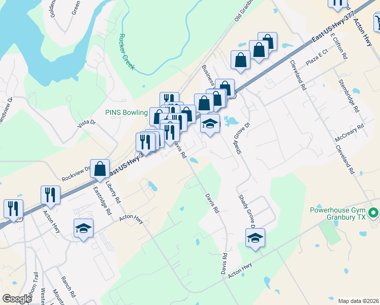 map of restaurants, bars, coffee shops, grocery stores, and more near 305 Davis Road in Granbury