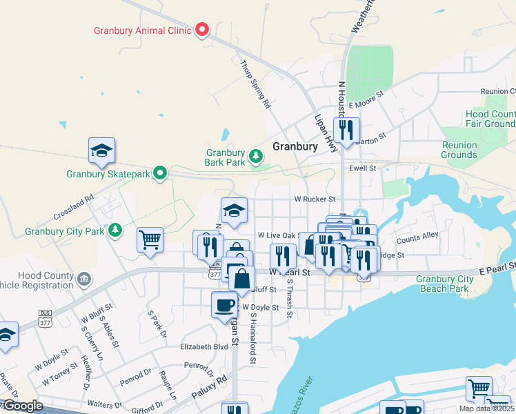 map of restaurants, bars, coffee shops, grocery stores, and more near 313 North Baker Street in Granbury
