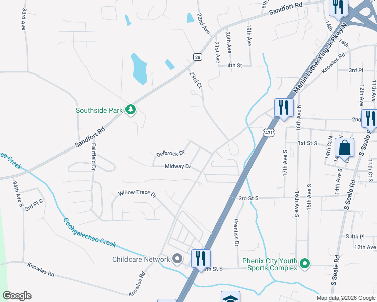 map of restaurants, bars, coffee shops, grocery stores, and more near 110 Richburg Street in Phenix City