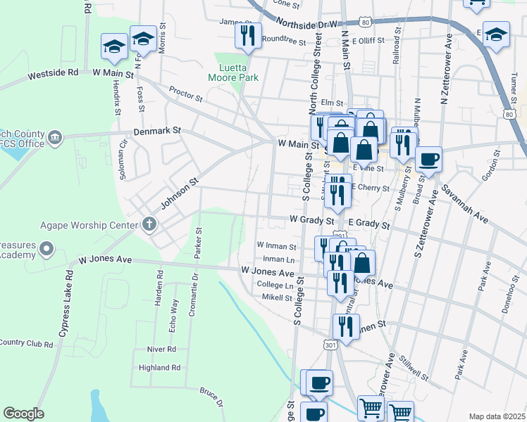 map of restaurants, bars, coffee shops, grocery stores, and more near 202 Institute Street in Statesboro