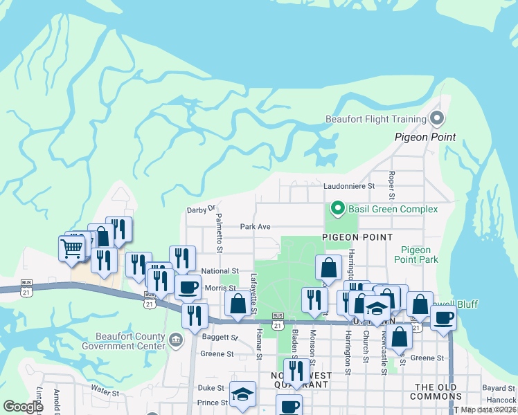 map of restaurants, bars, coffee shops, grocery stores, and more near 1707 Park Avenue in Beaufort