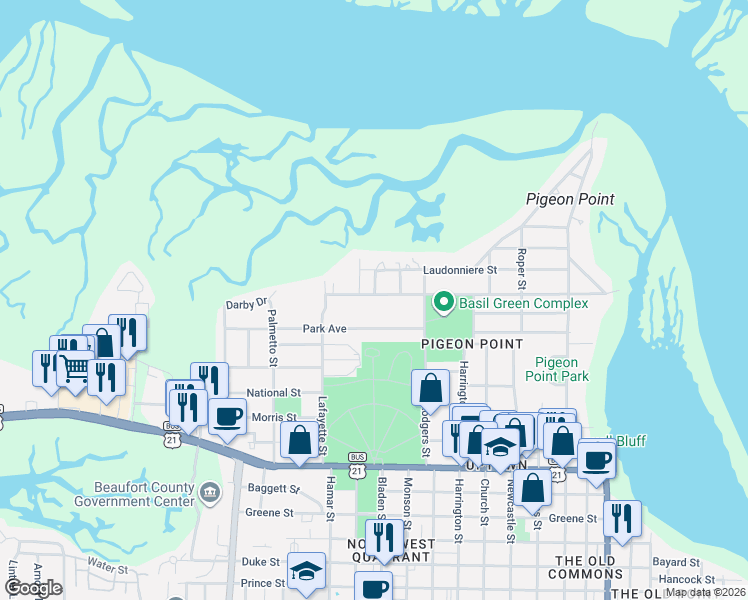 map of restaurants, bars, coffee shops, grocery stores, and more near 1508 Lafayette Street in Beaufort