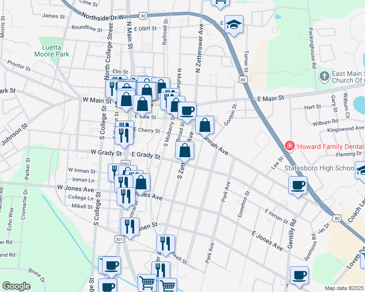 map of restaurants, bars, coffee shops, grocery stores, and more near 112 South Zetterower Avenue in Statesboro