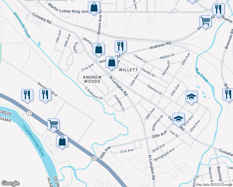 map of restaurants, bars, coffee shops, grocery stores, and more near 2512 Lumpkin Court in Columbus