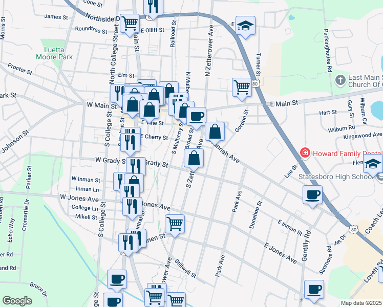 map of restaurants, bars, coffee shops, grocery stores, and more near 112 South Zetterower Avenue in Statesboro