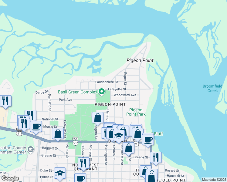 map of restaurants, bars, coffee shops, grocery stores, and more near 1108 Woodward Avenue in Beaufort