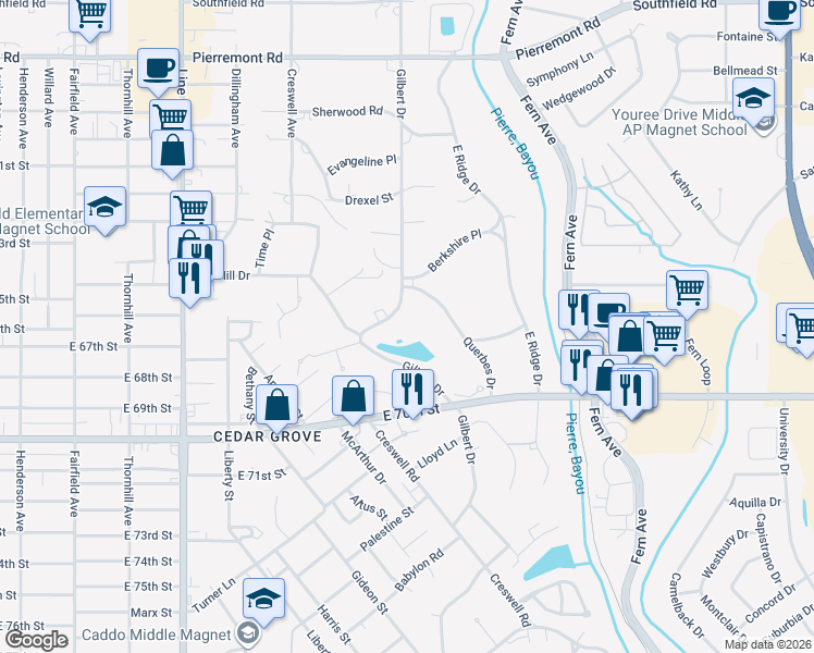 map of restaurants, bars, coffee shops, grocery stores, and more near 6715 Gilbert Drive in Shreveport