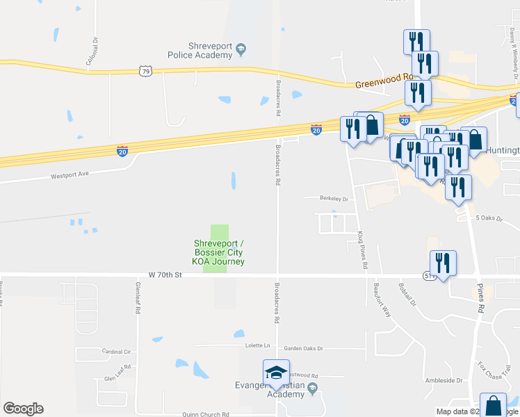 map of restaurants, bars, coffee shops, grocery stores, and more near 6902 Broadacres Road in Shreveport