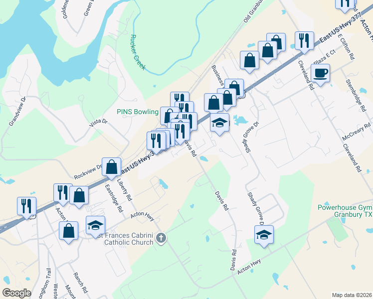 map of restaurants, bars, coffee shops, grocery stores, and more near 210 Davis Road in Granbury