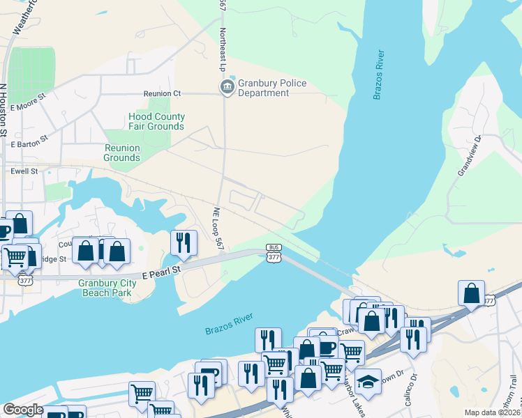 map of restaurants, bars, coffee shops, grocery stores, and more near 1000 Quiet Cove in Granbury