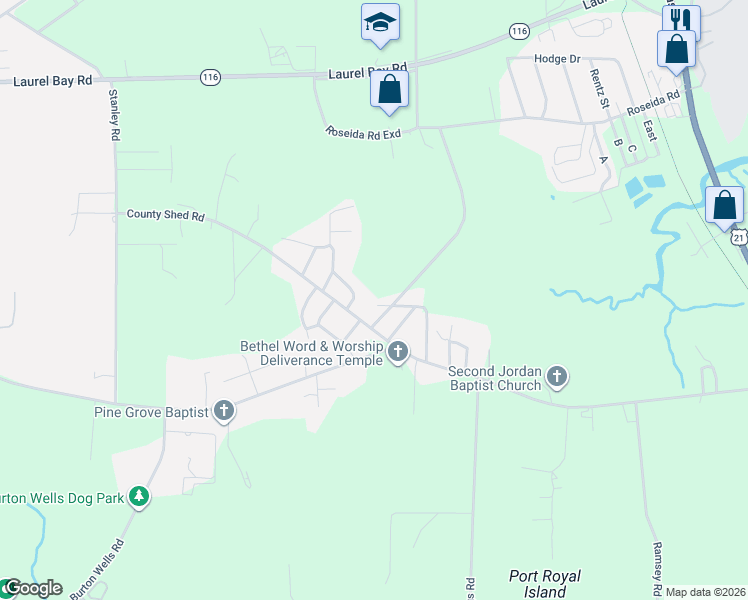 map of restaurants, bars, coffee shops, grocery stores, and more near 10 Wayfield Road in Beaufort
