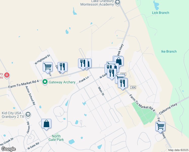 map of restaurants, bars, coffee shops, grocery stores, and more near 3005 Enchanted Road in Granbury