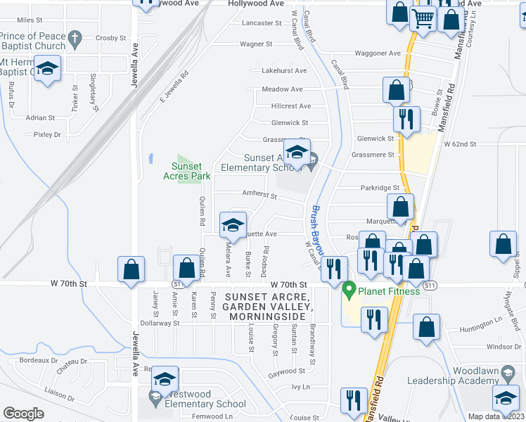 map of restaurants, bars, coffee shops, grocery stores, and more near 6601 Burke Street in Shreveport