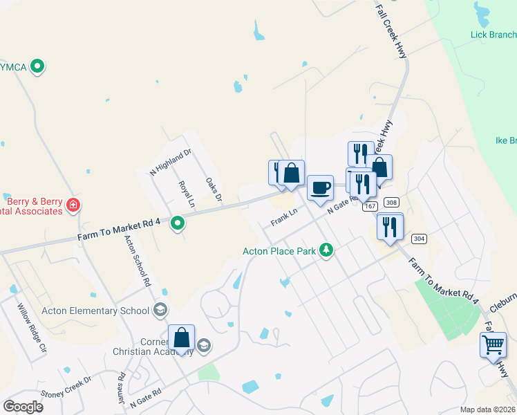 map of restaurants, bars, coffee shops, grocery stores, and more near 5411 Acton Highway in Granbury