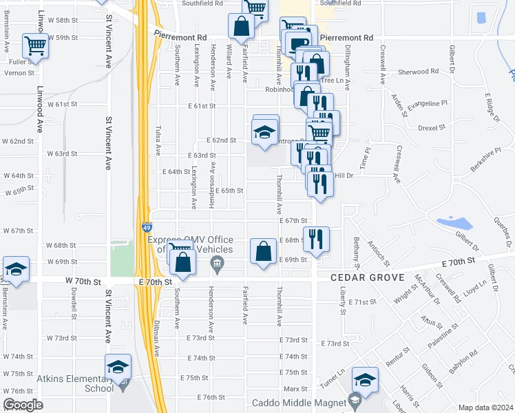 map of restaurants, bars, coffee shops, grocery stores, and more near 437 East 66th Street in Shreveport