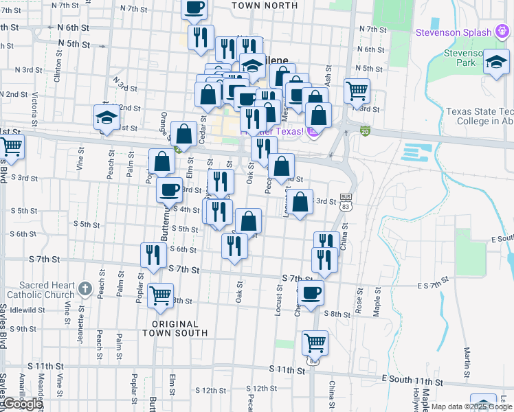 map of restaurants, bars, coffee shops, grocery stores, and more near 301 Oak Street in Abilene