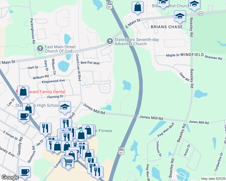 map of restaurants, bars, coffee shops, grocery stores, and more near 438 Lantana Circle in Statesboro