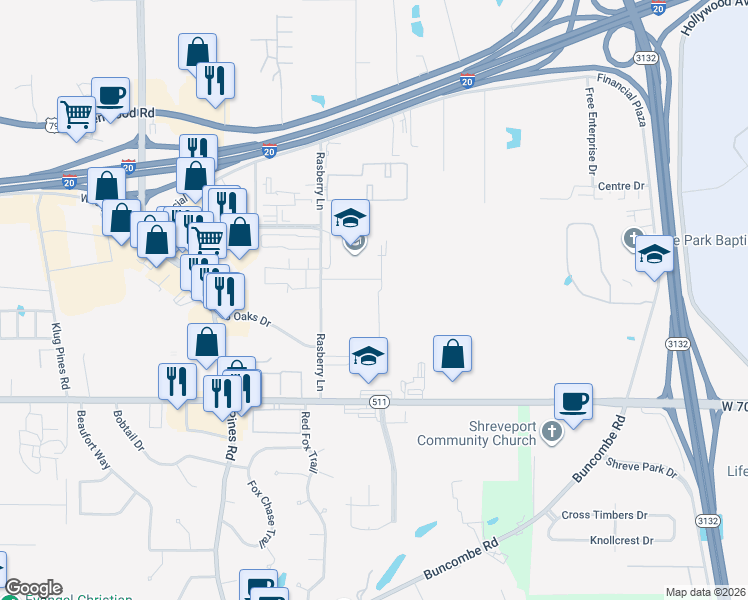 map of restaurants, bars, coffee shops, grocery stores, and more near 6801 Rasberry Lane in Shreveport