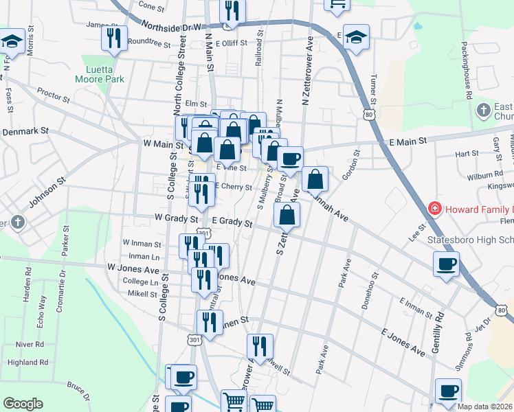 map of restaurants, bars, coffee shops, grocery stores, and more near 102 South Mulberry Street in Statesboro