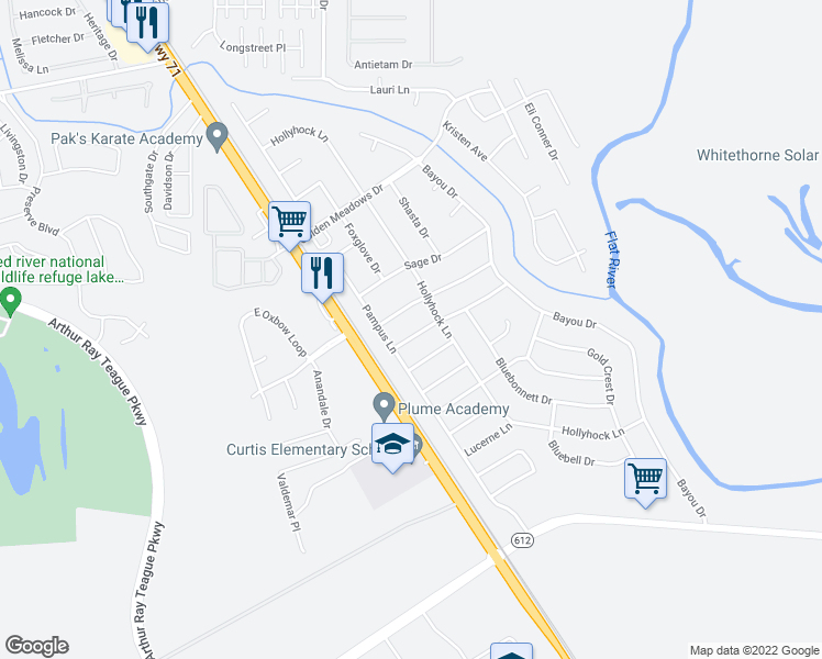 map of restaurants, bars, coffee shops, grocery stores, and more near 5307 Mulberry Drive in Bossier City