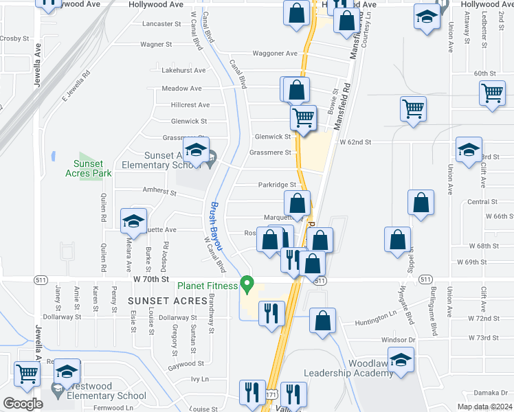 map of restaurants, bars, coffee shops, grocery stores, and more near 2763 Amherst Street in Shreveport