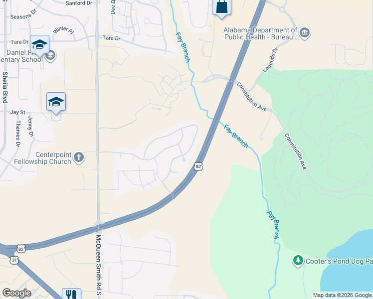 map of restaurants, bars, coffee shops, grocery stores, and more near U.S. 82 in Prattville