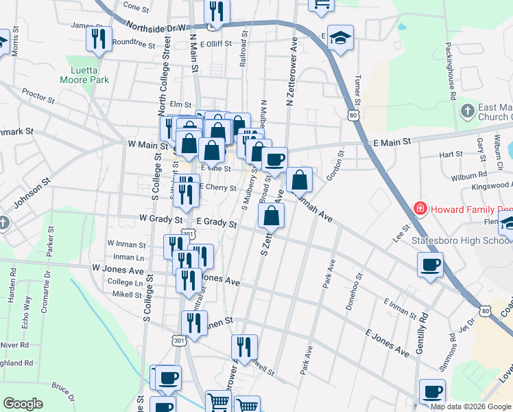 map of restaurants, bars, coffee shops, grocery stores, and more near 102 South Mulberry Street in Statesboro