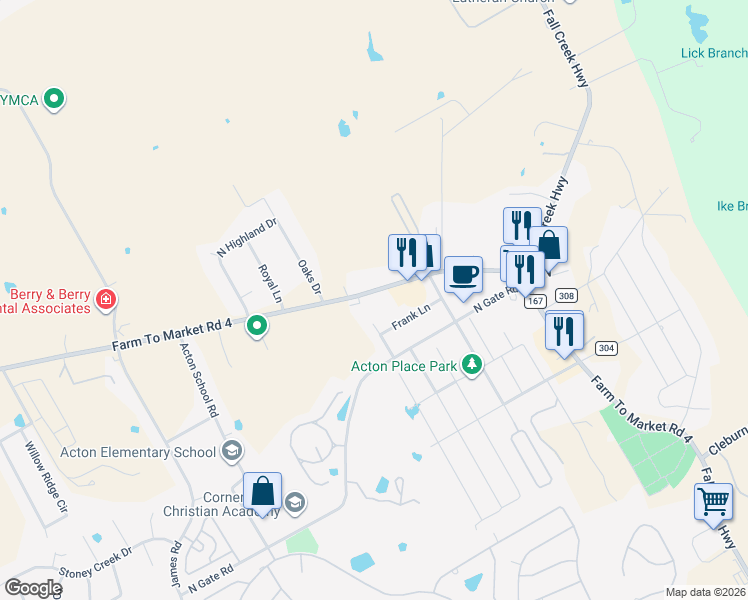 map of restaurants, bars, coffee shops, grocery stores, and more near 5411 Acton Highway in Granbury