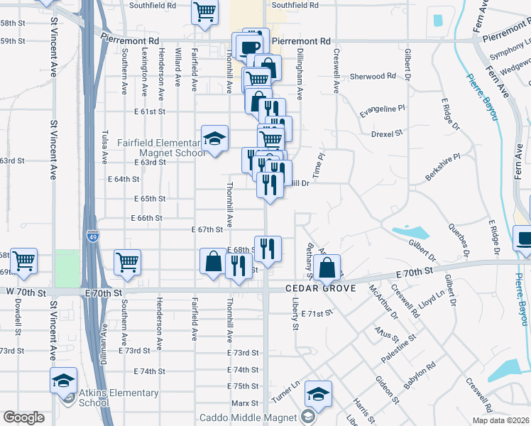 map of restaurants, bars, coffee shops, grocery stores, and more near 6537 Line Avenue in Shreveport